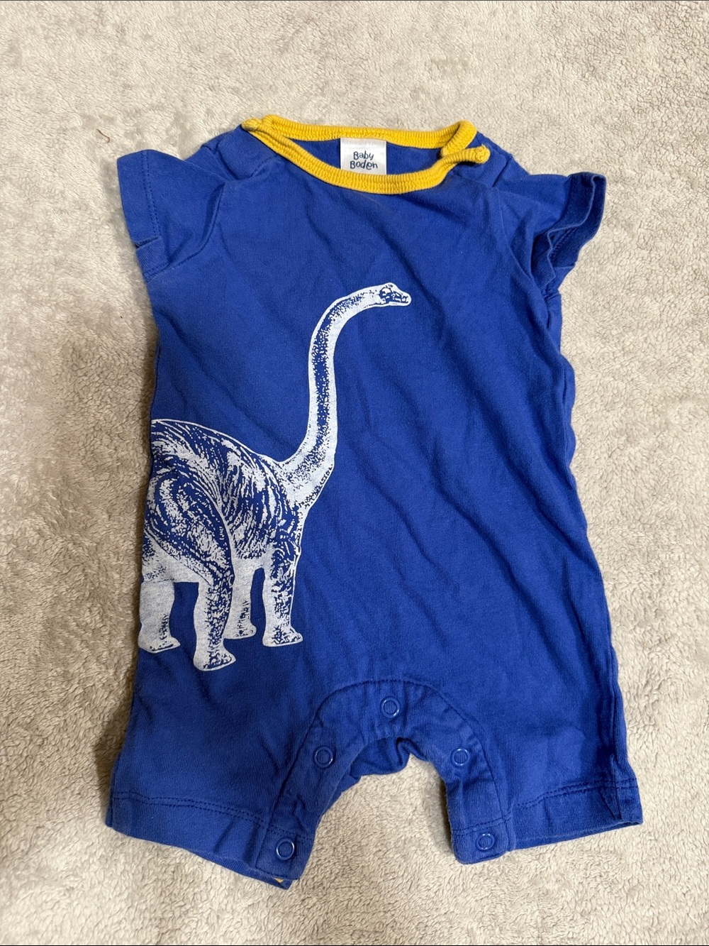Baby Boden Royal Blue Romper with Yellow Trim and White Dinosaur